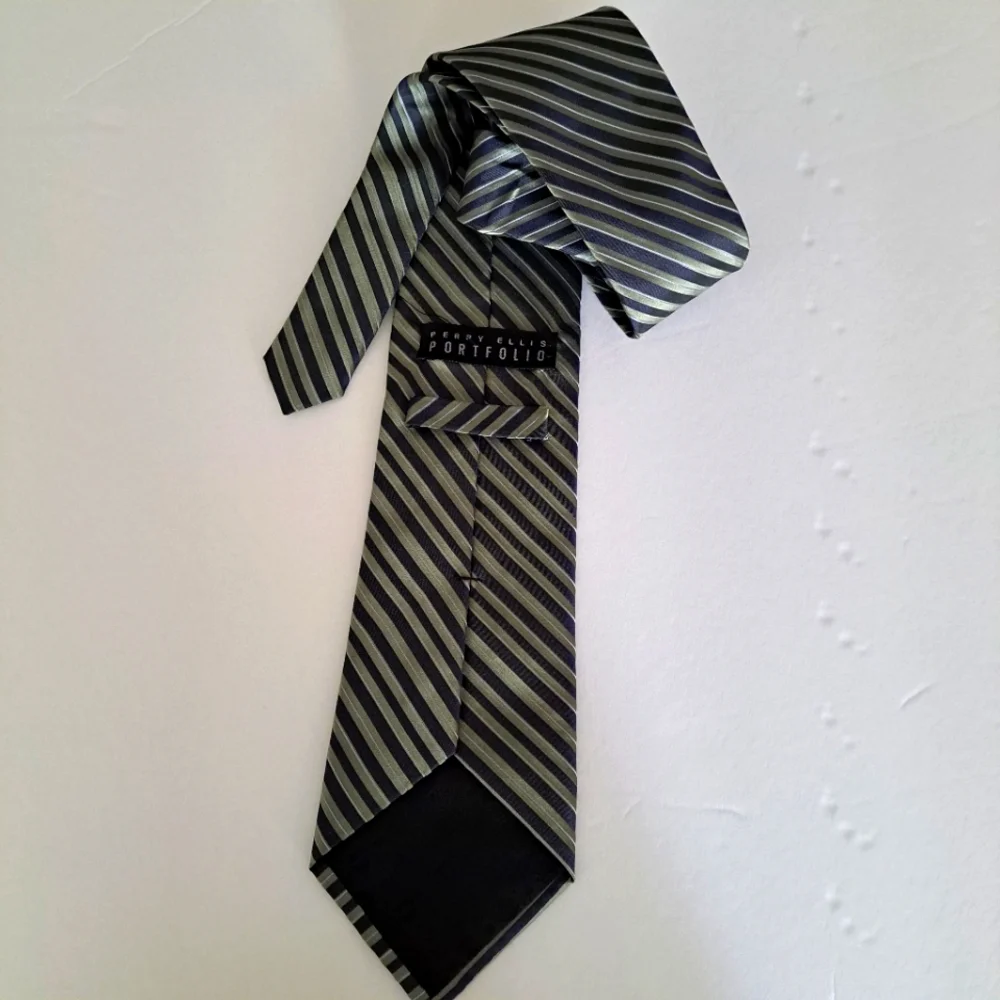Perry Ellis Portfolio Tri-Colored Olive Green Blue White 100% Silk Tie
